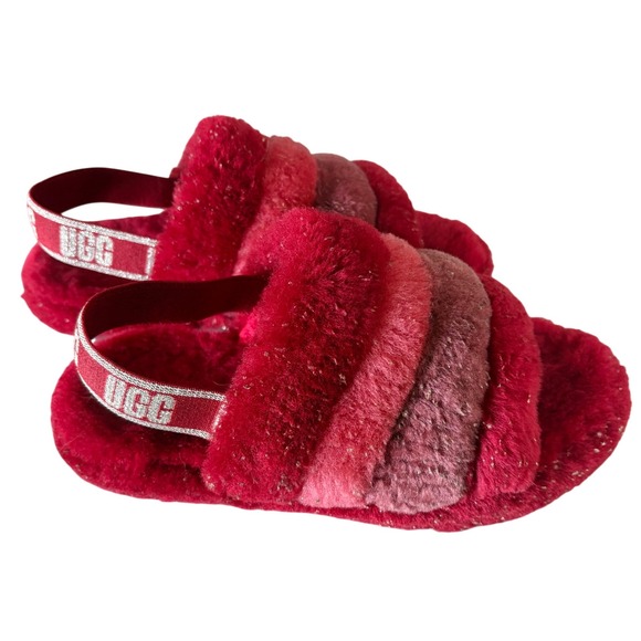 UGG Fluff Yeah Slide Slippers Fuzzy Faux‎ Fur Backstrap Sandals Red Ombré SIZE 5 - Picture 1 of 9